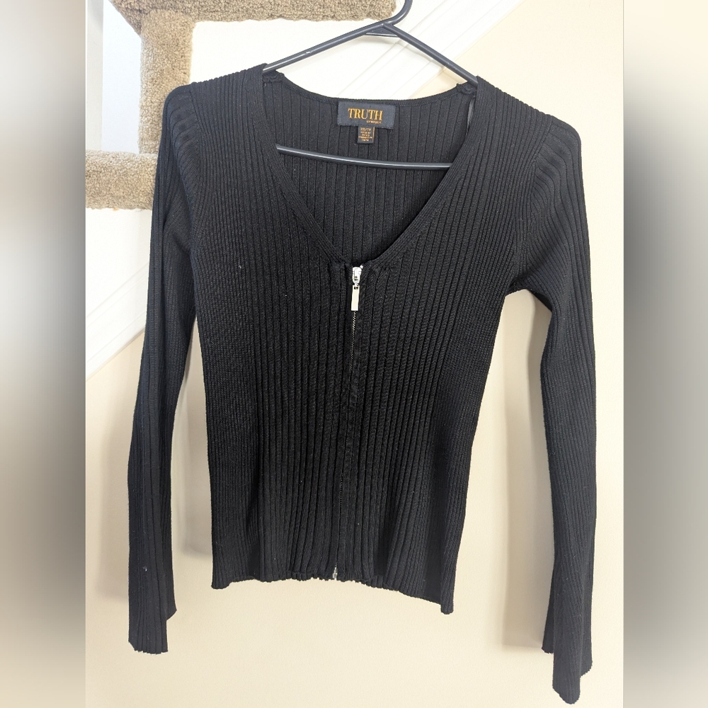 Truth Black Ribbed Zipper Down V-neck Cardigan